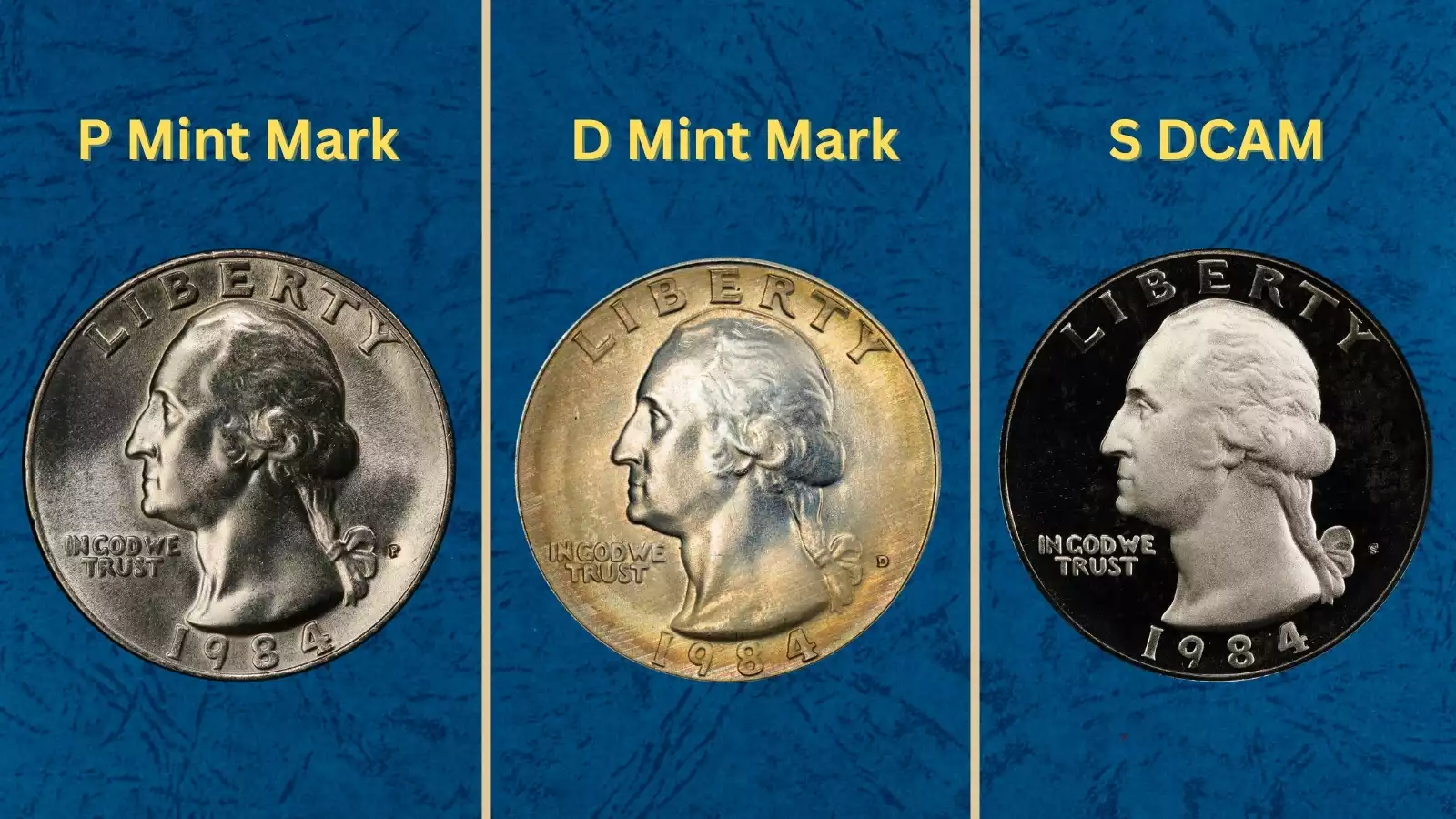 1984 Washington quarter grading strip showing four condition tiers from Worn to Gem MS67 side by side