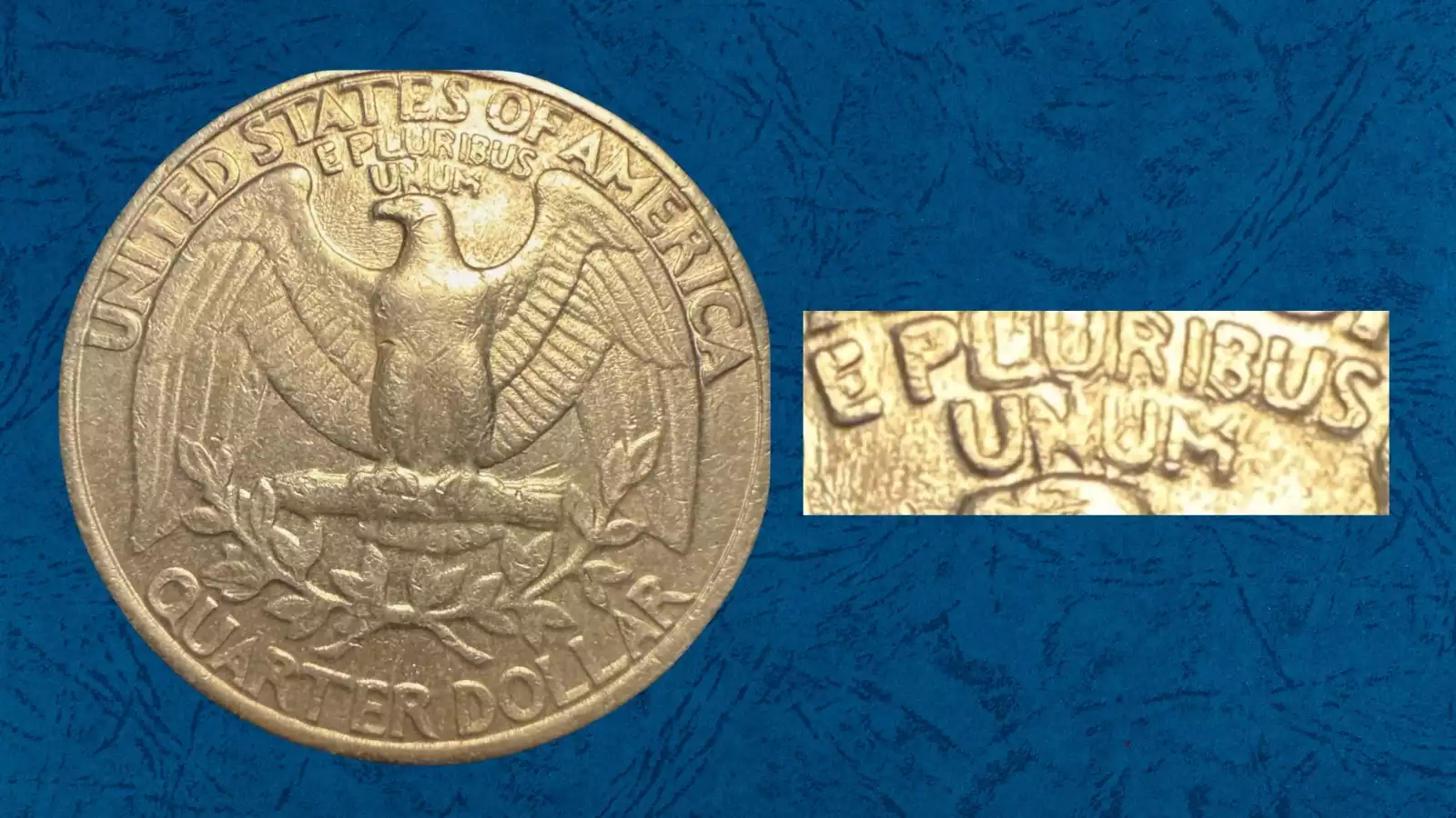 Close-up of 1984-D Washington quarter Spitting Eagle die break showing raised ridge from eagle beak