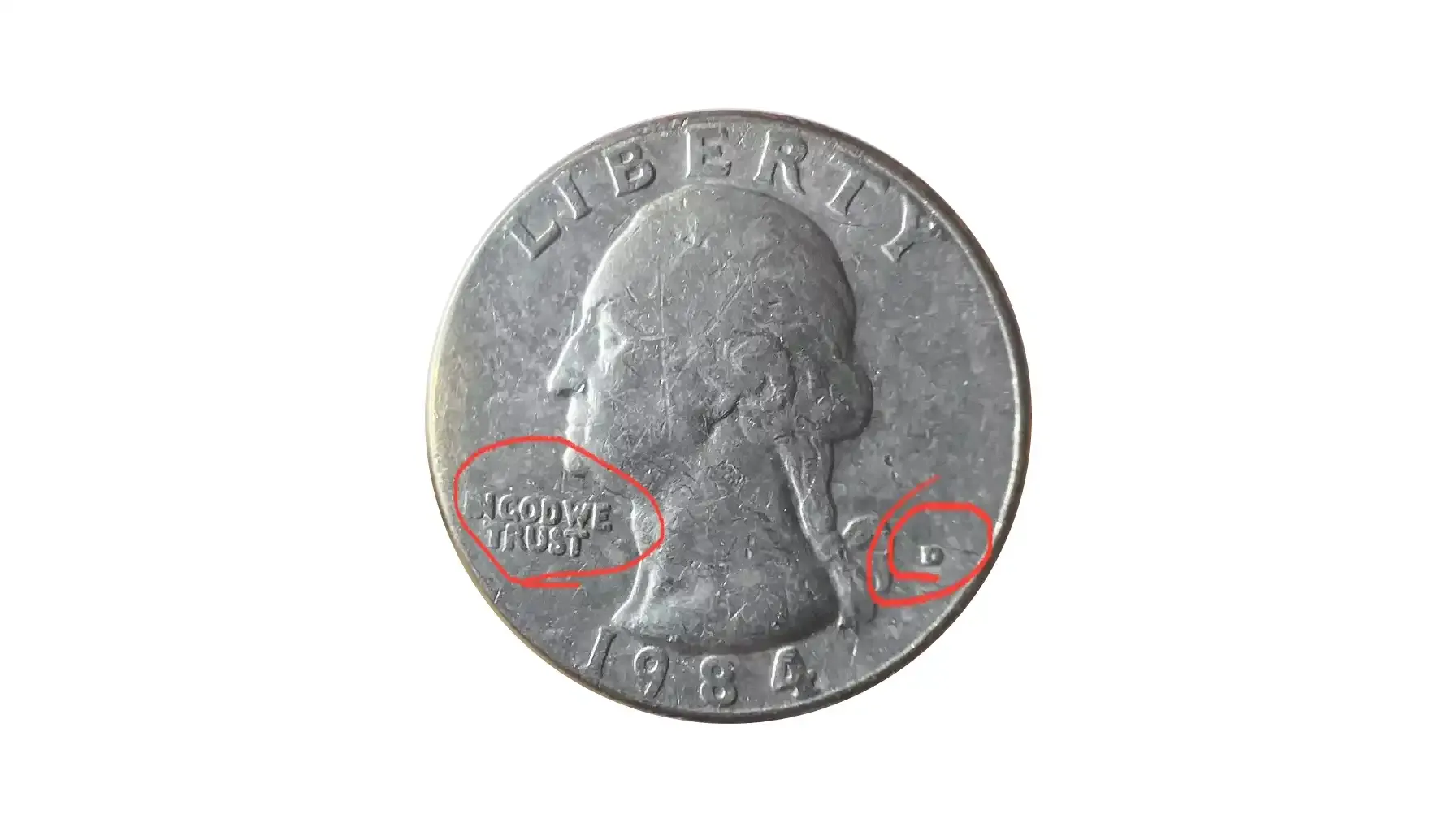 1984 quarter broadstrike error showing coin wider and flatter than normal with missing or incomplete reeding on edge
